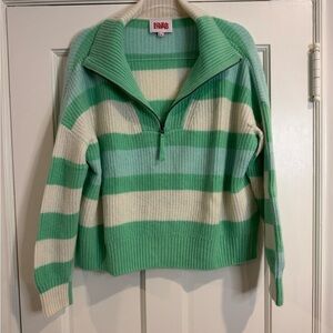 SOLID & STRIPED Mint Green and Cream Striped Half-Zip Sweater